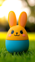 Yellow and Blue Easter Bunny Figurine with Colorful Eggs on Green Grass