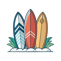 Icons of two surfboards with watermelons and palm trees. Water equipment. Summer season.