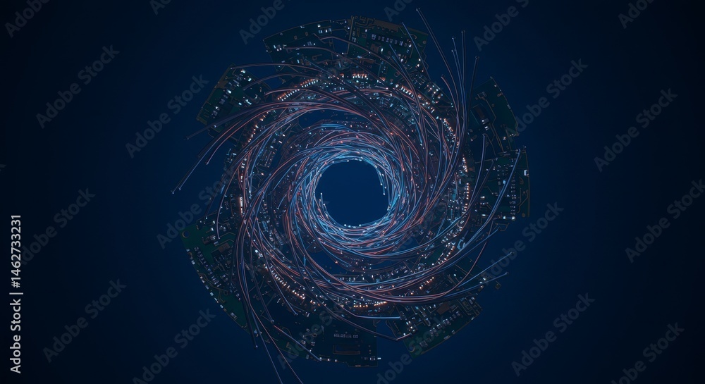 Poster vortex abstract - abstract swirling data vortex, glowing lines and circuits, dark blue background. p