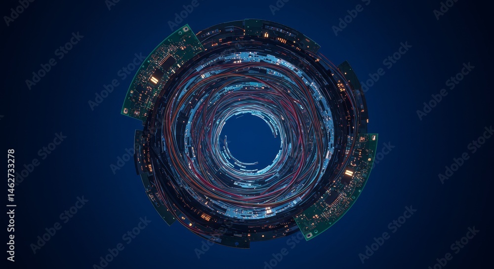 Poster vortex: circuitry sphere - abstract of a swirling sphere composed of circuit boards, representing te