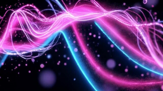 ultra hd 8k realistic abstract scene of vibrating electric blue lines dancing with molten pink glitter on black void
