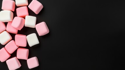 Pink and white marshmallows on black background sweet food candy dessert