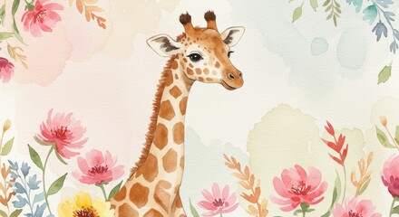 Obraz premium Watercolor Giraffe Among Exotic Blooms - Gentle giraffe amidst vibrant watercolor flowers, symbolizing innocence, nature, beauty, tranquility, and growth