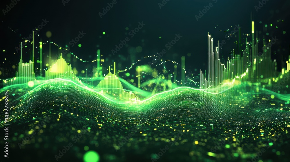 Poster futuristic global financial network visualization. glowing green data streams flow across a world ma