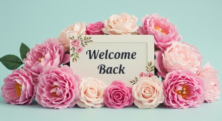 Welcome Back Floral Sign - A white sign reading "Welcome Back" nestled amongst a bed of pink roses. Perfect for welcoming guests or celebrating a return