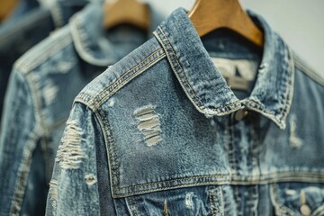 Close-up of a distressed denim jacket, showcasing its worn texture and details.