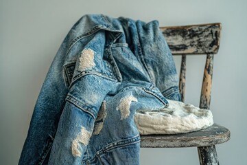 Distressed denim jacket casually draped over a rustic wooden chair.