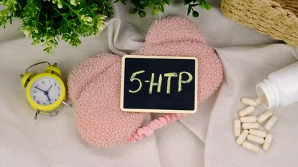 5-HTP sleep supplement capsules. Selective Focus.