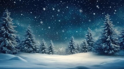 Fototapeta premium Snowy Fir Trees Against Dark Blue Night Sky with Sparkling Snowflakes Landscape