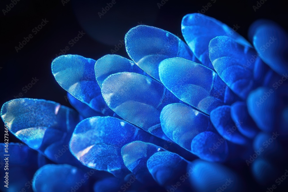Aufkleber close-up of vibrant blue, translucent petals overlapping, creating a mesmerizing texture and pattern