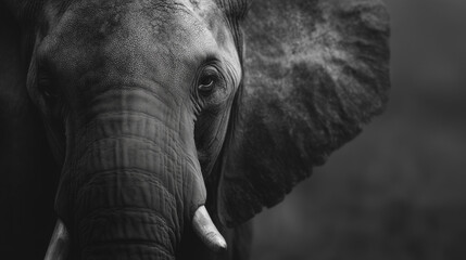Elephant close-up in black and white highlighting textured skin and soulful gaze in natural habitat