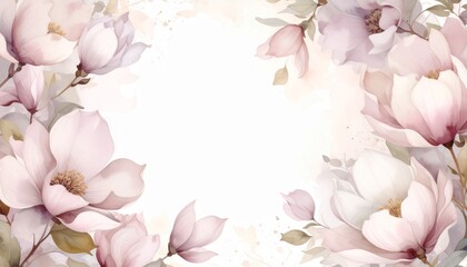 Fototapeta premium Abstract border frame of flowers painting with spring flowers magnolias background graphic resource