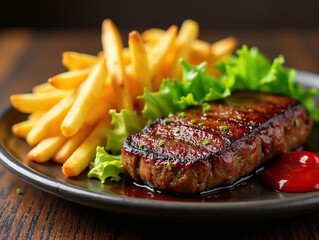 Perfectly seared sirloin, crunchy fries, vibrant lettuce, tangy ketchup , beef, golden