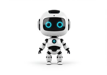Small white robot with glowing blue eyes standing isolated on white background