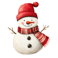 Cheerful snowman with red hat and scarf in winter season, cut out - stock png.