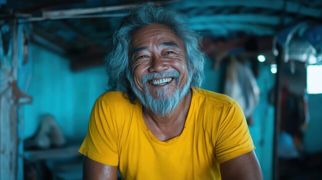 An elderly man with a smiling face wearing a bright yellow t-shirt radiates warmth and joy, embodying a spirit of positivity and life experience in an inviting environment.