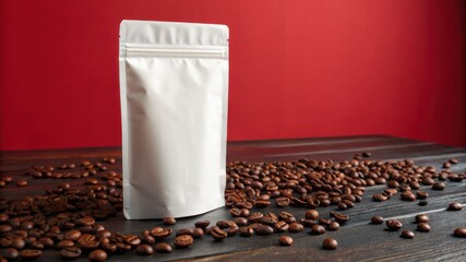 Stylish Minimalist Coffee Packaging Mockup with Coffee Beans on Wooden Table