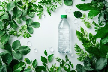 Water bottle surrounded by green leaves and ice cubes on a white background