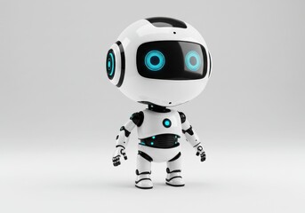 Close up of a small white robot with glowing blue eyes isolated on white background