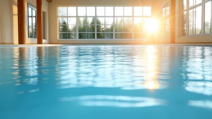 A tranquil indoor pool reflects the early morning sunlight, creating a serene atmosphere and inviting viewers to experience the peacefulness of calm waters.