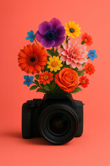 Colorful flowers growing from a digital camera on coral background