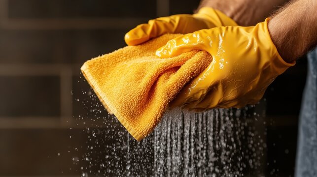 A close-up shot of a person cleaning with a soaked cloth, protected by yellow gloves, emphasizing diligence and care in maintaining cleanliness for a healthier environment.