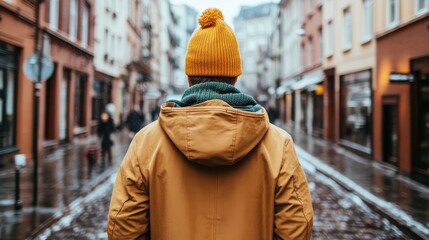 Naklejka premium A lone figure dressed warmly in a yellow hat strolls through a picturesque rainy street, evoking a sense of solitude and contemplation in a charming urban setting.