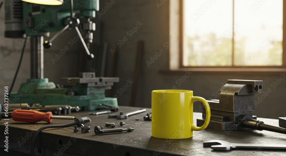 Poster workshop coffee break - a yellow mug sits on a workbench in a workshop, tools and machinery blurred 