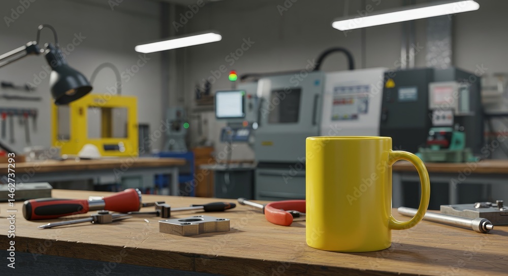 Poster workshop coffee break - yellow mug on workbench in a workshop, tools and machinery in background