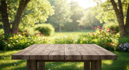 Fototapeta premium Wooden Table in Sunny Garden - Empty wooden table in a vibrant garden setting, perfect for product displays or showcasing summer themes. Ideal for spring and summer advertising