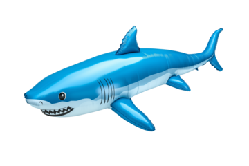 Blue inflatable 3D shark illustration, perfect for summer themes, pool accessories, or fun aquatic animal designs on a transparent or white background.