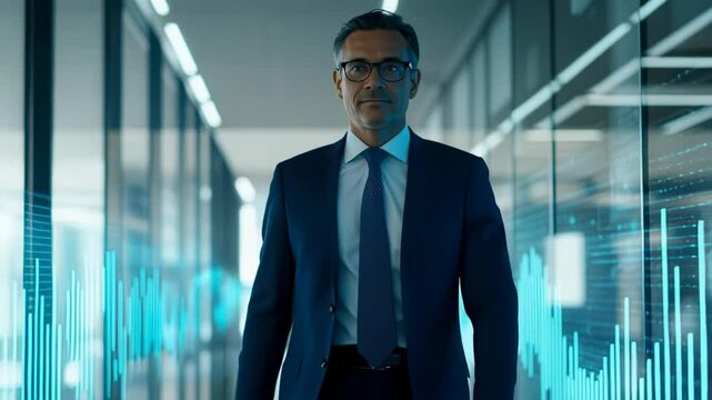 Confident businessman walking in modern office with financial data overlay - Powered by Adobe