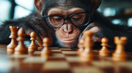 A focused monkey wearing glasses engages thoughtfully in a game of chess, embodying intelligence and strategy through a humorous yet captivating depiction of thought.
