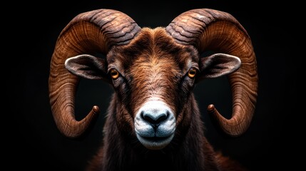A close-up shot of a majestic ram displaying impressive horns and vivid fur, symbolizing strength and resilience, framed against a dark backdrop for dramatic effect.