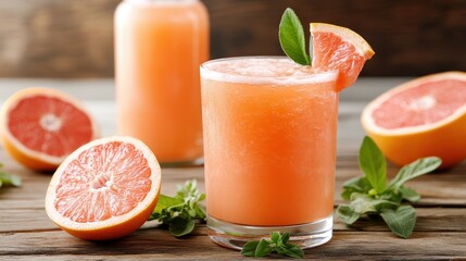 A refreshing glass of grapefruit juice garnished with a slice and mint, set against a rustic backdrop, embodying the perfect summer drink for relaxation and rejuvenation.