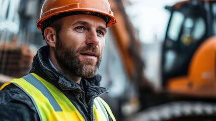 A rugged construction worker with a beard and safety helmet stands confidently in front of machinery, embodying strength, commitment to safety, and dedication to skilled labor.