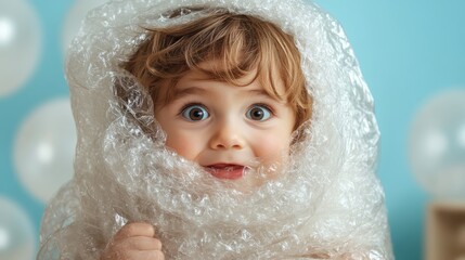 A playful child wrapped in bubble wrap radiates joy and innocence, capturing a moment of pure fun and creativity that resonates with childhood experiences and emotions.
