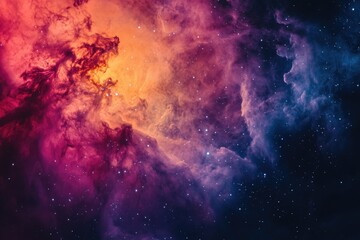 Fototapeta premium A vibrant nebula showcasing cosmic clouds of purple, pink, and orange hues, speckled with distant stars.