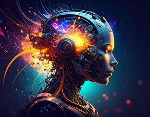 Digital picture of a futuristic robot head exploding, showing a bright and detailed inside, representing AI, data processing, or technology awakening on a dark background.
