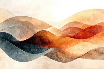 Abstract watercolor painting of flowing, layered hills in earthy tones of orange, brown, and gray.