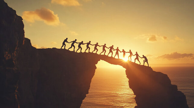 Team effort across a natural rock arch at sunset.  Silhouettes of many people linked hands and crossing a bridge