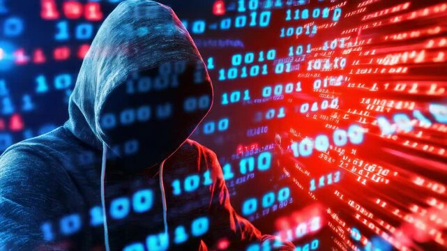 A mysterious figure in a hoodie surrounded by flowing binary code and digital data.