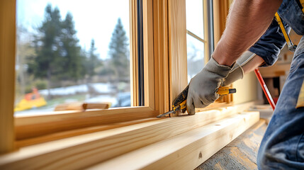 Carpenter Installing a Wooden Window Frame