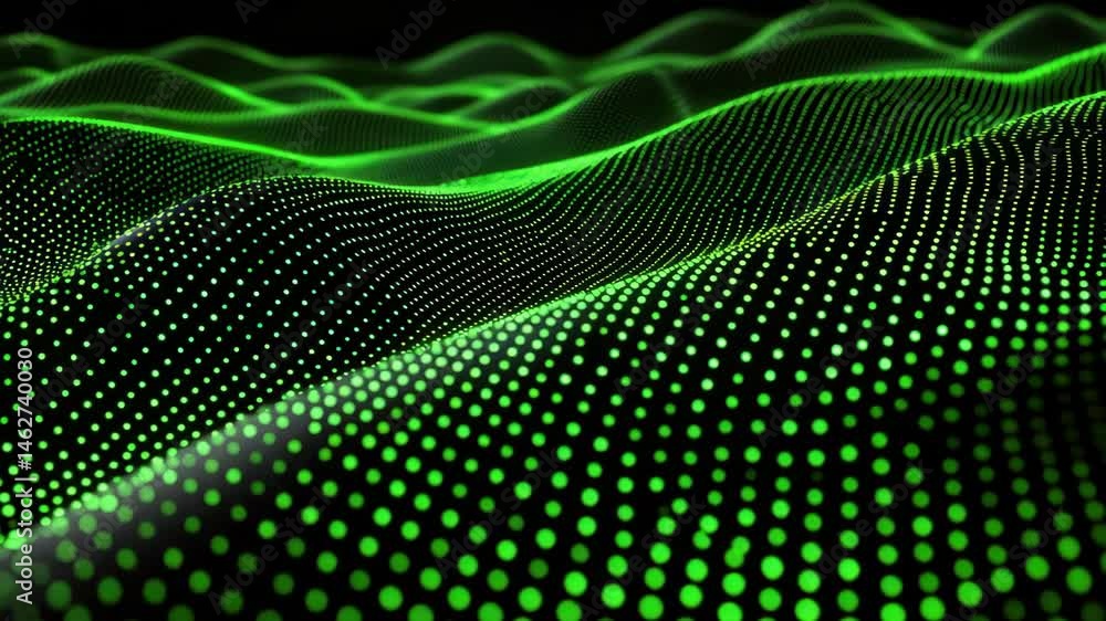 Poster abstract green wave pattern with dots creating a futuristic digital landscape.