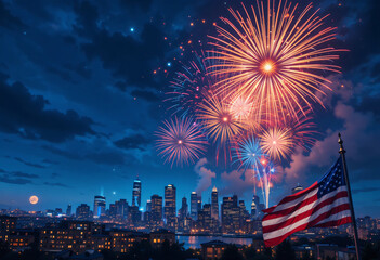 Fireworks with red white blue bursts in night sky