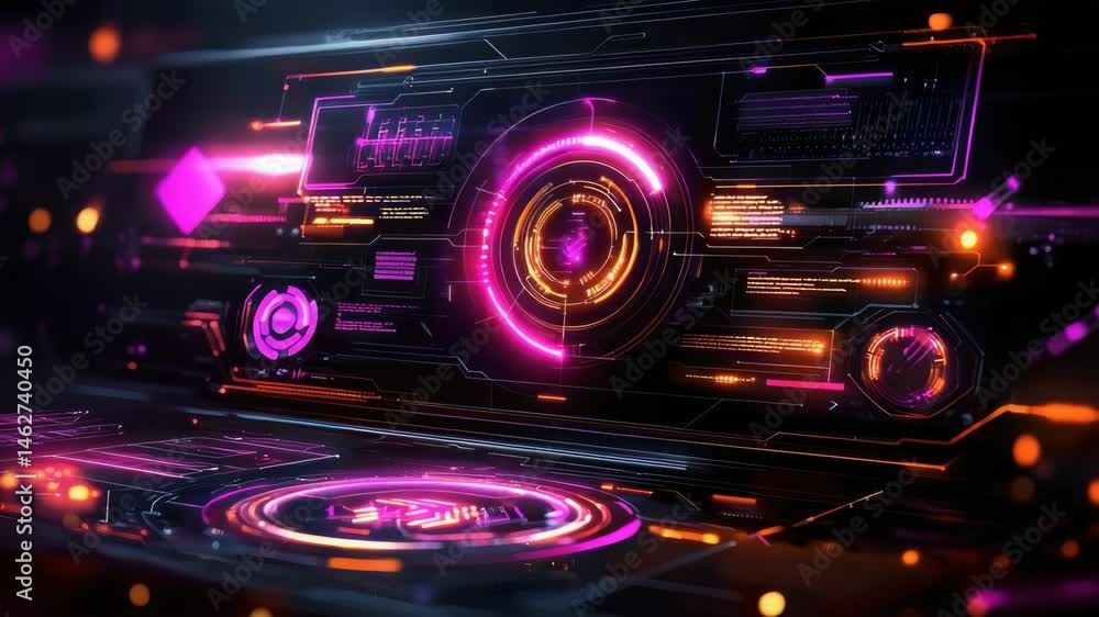 Aufkleber futuristic digital interface displaying vibrant neon graphics and data.