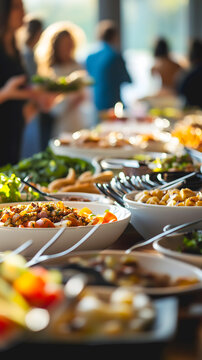 Une large s&eacute;lection de plats est pr&eacute;sent&eacute;e sur une table lors d'un &eacute;v&eacute;nement. Les convives se servent dans une ambiance anim&eacute;e tout en appr&eacute;ciant les mets pr&eacute;par&eacute;s avec soin.