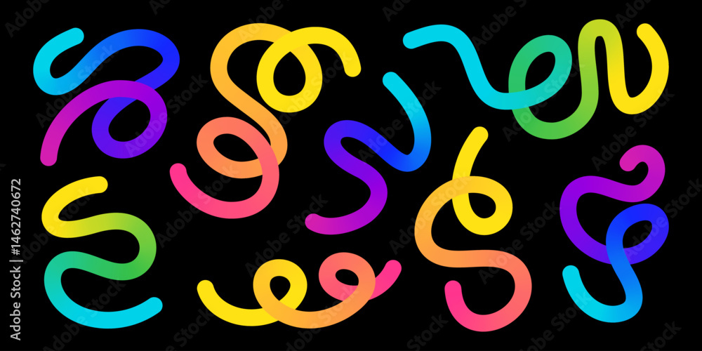 Poster flowing curvy rainbow swirls - sinuous lines loop, wind, twist into abstract decorative pattern. bri