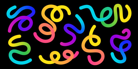 Flowing curvy rainbow swirls - sinuous lines loop, wind, twist into abstract decorative pattern. Bright colorful undulating organic shapes vivid gradient. Wavy liquid texture dynamic illustration.