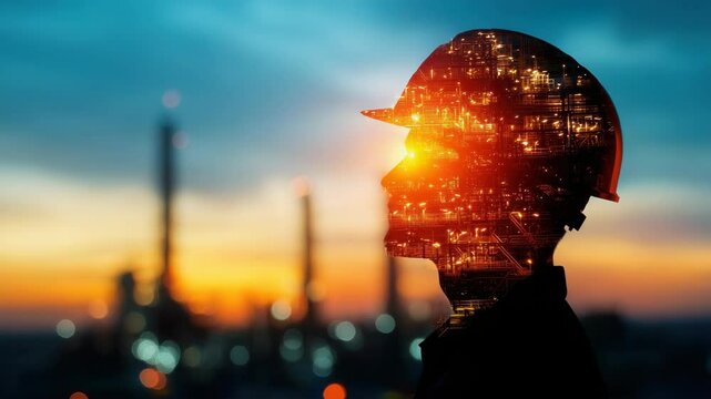 Silhouette of worker with industrial skyline reflected in helmet at sunset.